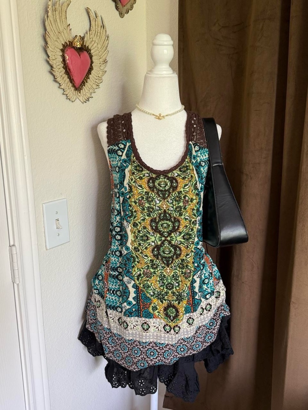 Bila Bohemian Printed Crochet-Trim Tank with Layered Hem - Teal & Mustard